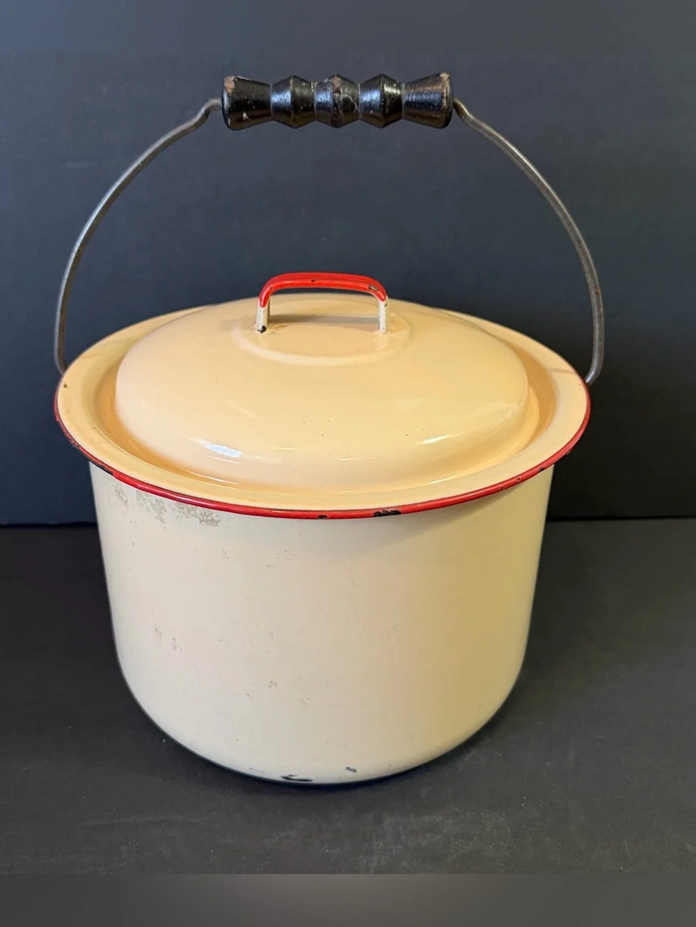 Vintage Tan & Red Trim Porcelain Enamel Cookware Pot Farmhouse Rustic Lid Chippy